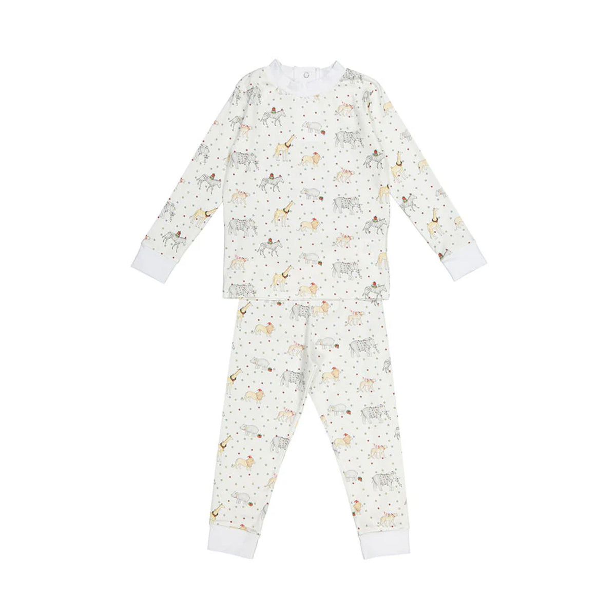 Front flat lay of Jolly Zoo Boy Pajama showcasing long sleeves, cuffed ankles and all-over lion, giraffe and elephant print on white background