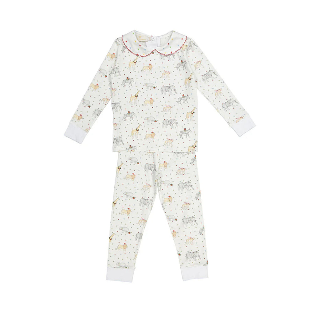 Front flat-lay of Jolly Zoo girl pajama set: long-sleeve top with scalloped collar and matching pants, cream with safari animal print