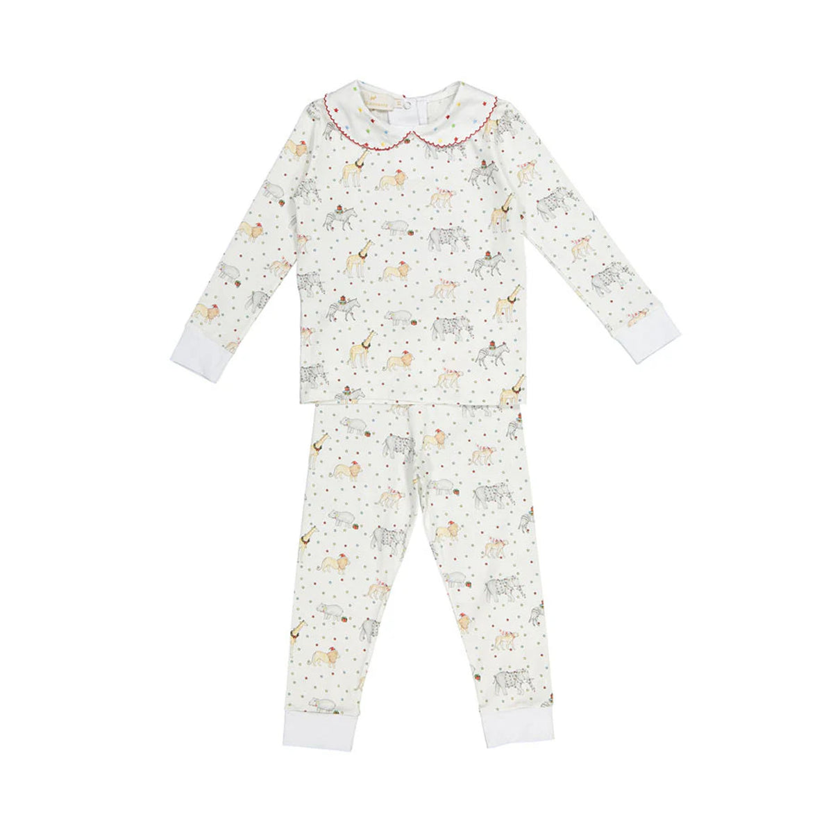 Front flat-lay of Jolly Zoo girl pajama set: long-sleeve top with scalloped collar and matching pants, cream with safari animal print