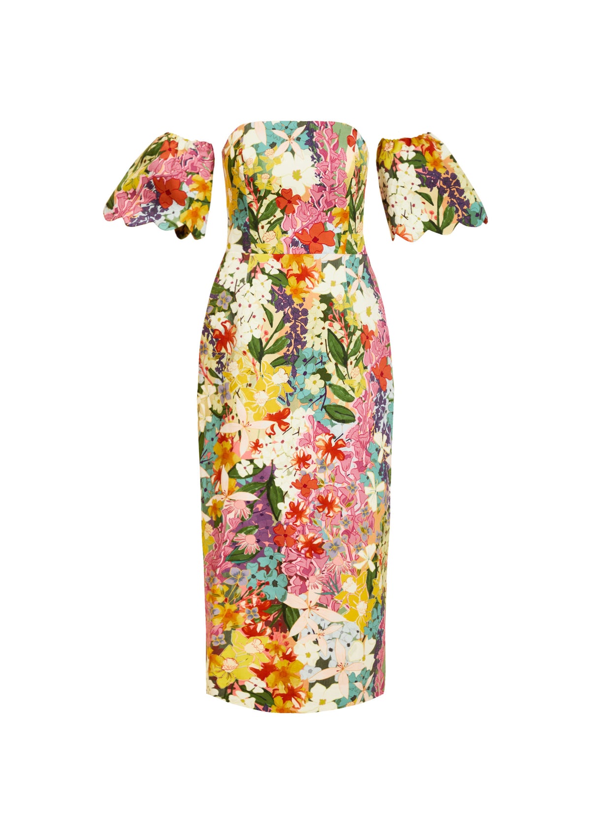 Front view of Josephine Convertible Midi Dress in Midnight Meadows showcasing colorful floral print and puff sleeves with white background