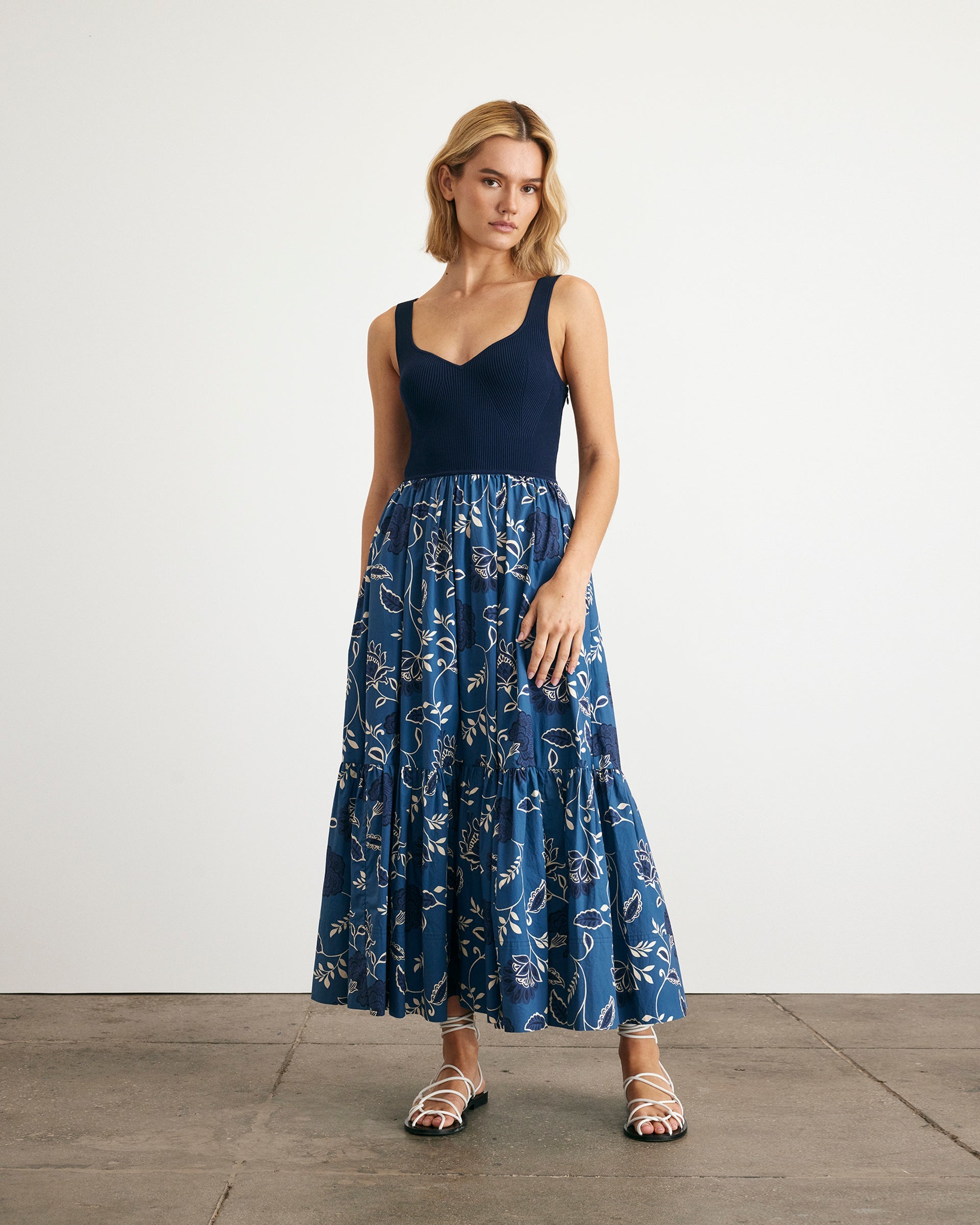 Josephina Dress in Maritime Blue, French Blue, & Cream