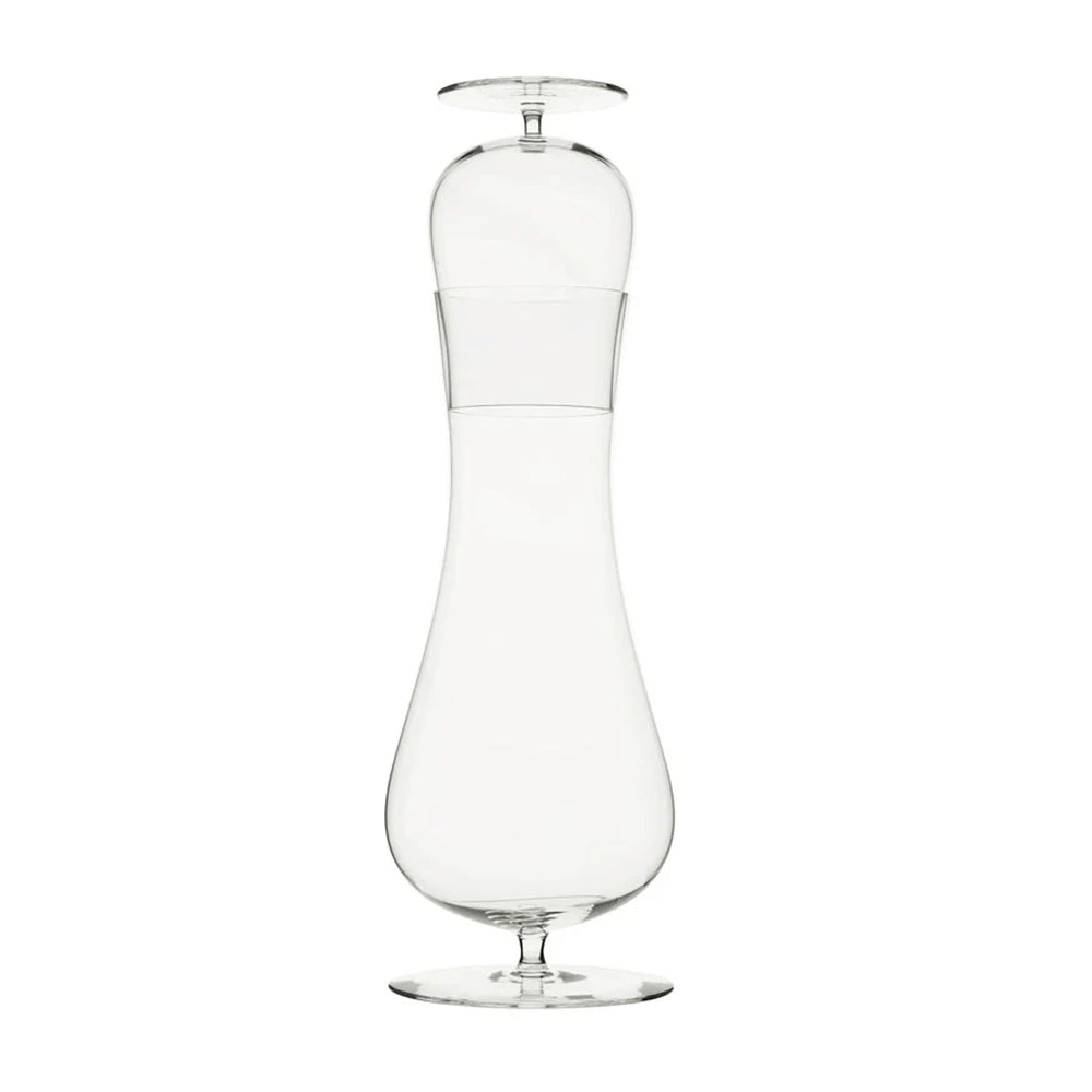 Front view of Josephine decanter with matching glass stopper showcasing teardrop silhouette and clear muslin crystal on white background