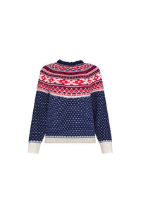 The Josie Sweater in St. Moritz Fair Isle has a ribbed crew neckline and long raglan sleeves.
