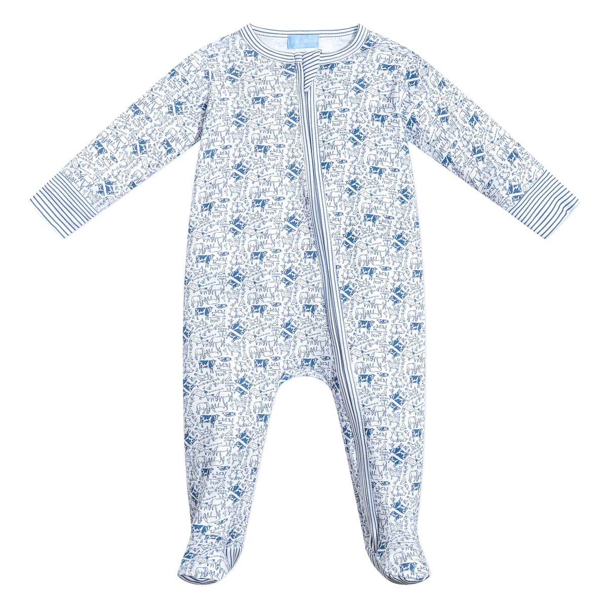 Front view of Farm Zip Baby Onesie showcasing blue hand-drawn farm animal print, side zip, and footed design on a white background