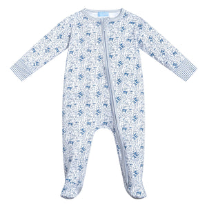 Front view of Farm Zip Baby Onesie showcasing blue hand-drawn farm animal print, side zip, and footed design on a white background
