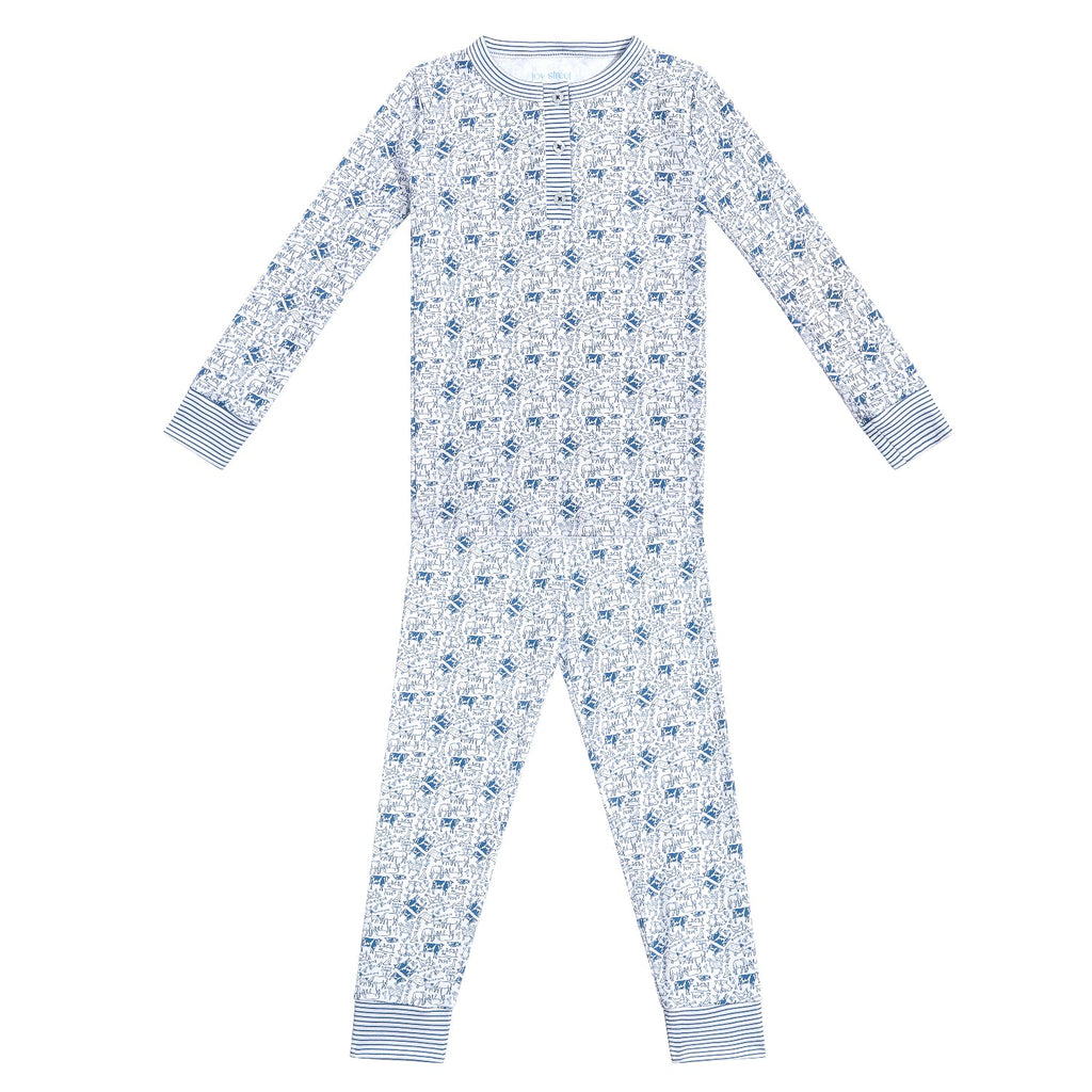 Front view of farm kids henley pajamas showcasing blue farm print, long sleeves, and gray cuffs on white background