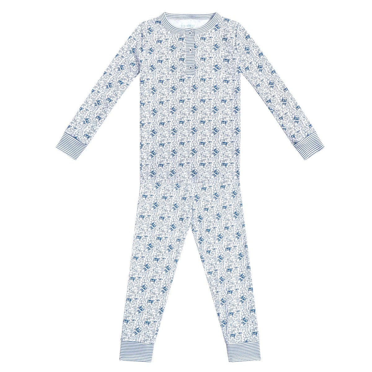 Front view of farm kids henley pajamas showcasing blue farm print, long sleeves, and gray cuffs on white background