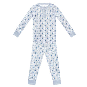 Front view of farm kids henley pajamas showcasing blue farm print, long sleeves, and gray cuffs on white background