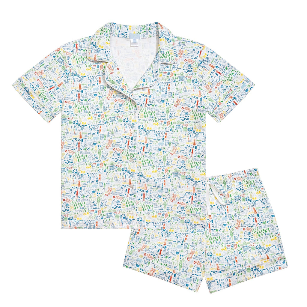 Front view of Maine women’s two-piece short pajama set showcasing hand-drawn Maine print, collared top, and elastic-waist shorts