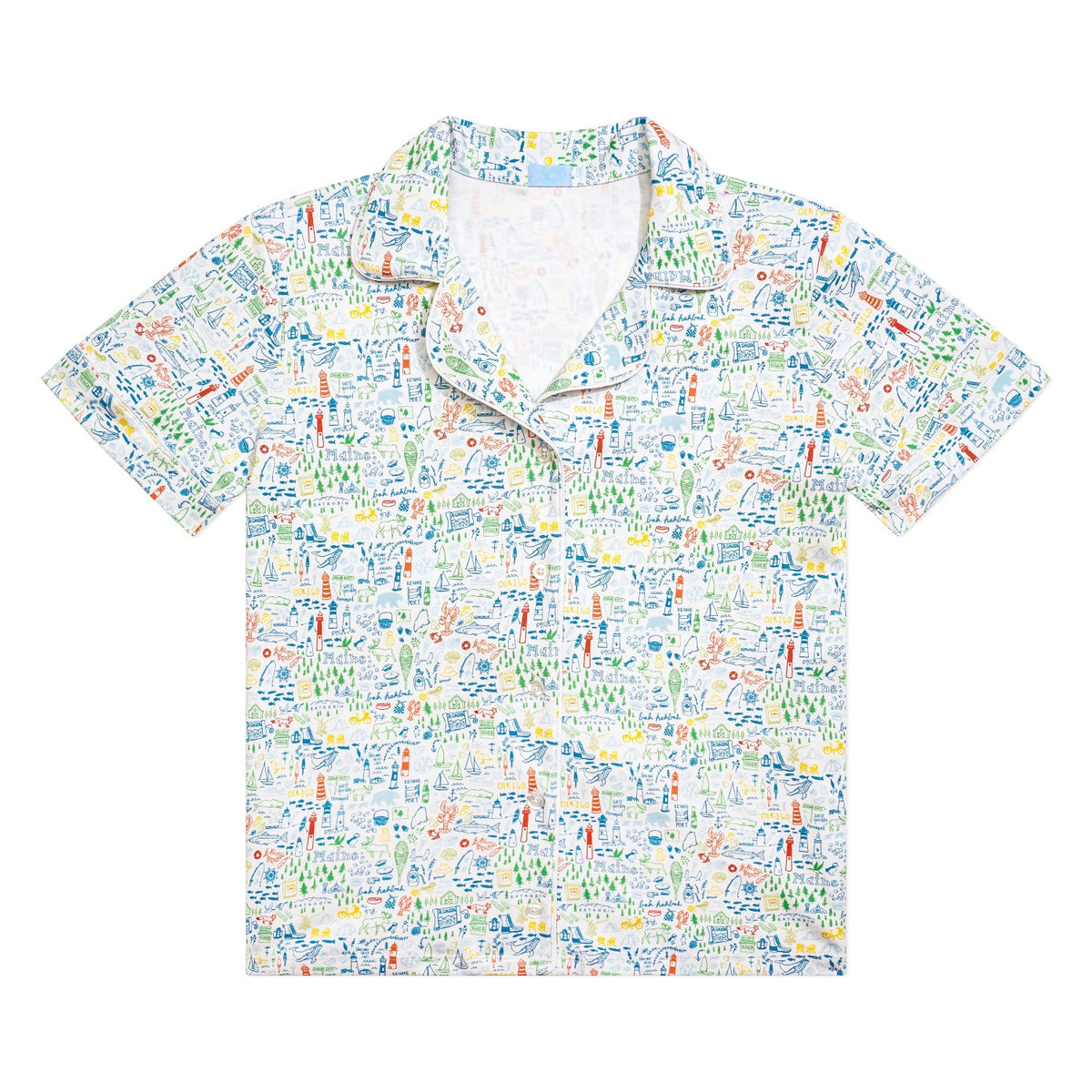 Front view of Maine women’s button-front pajama top with collared neckline and hand-drawn print on white background