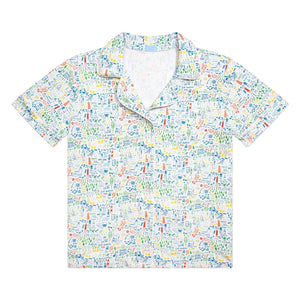 Front view of Maine women’s button-front pajama top with collared neckline and hand-drawn print on white background