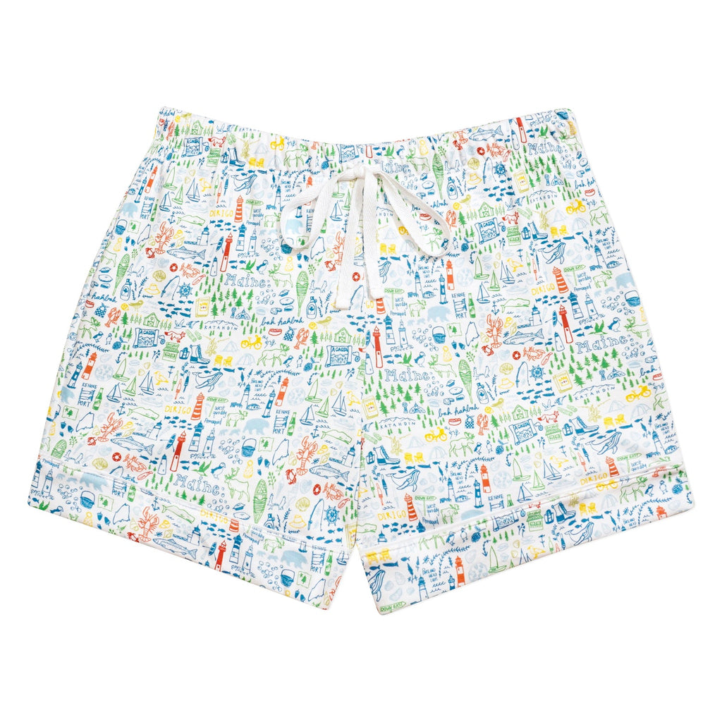 Front view of Maine women’s pajama shorts showcasing hand-drawn Maine print, elastic waistband, and drawcord on white background