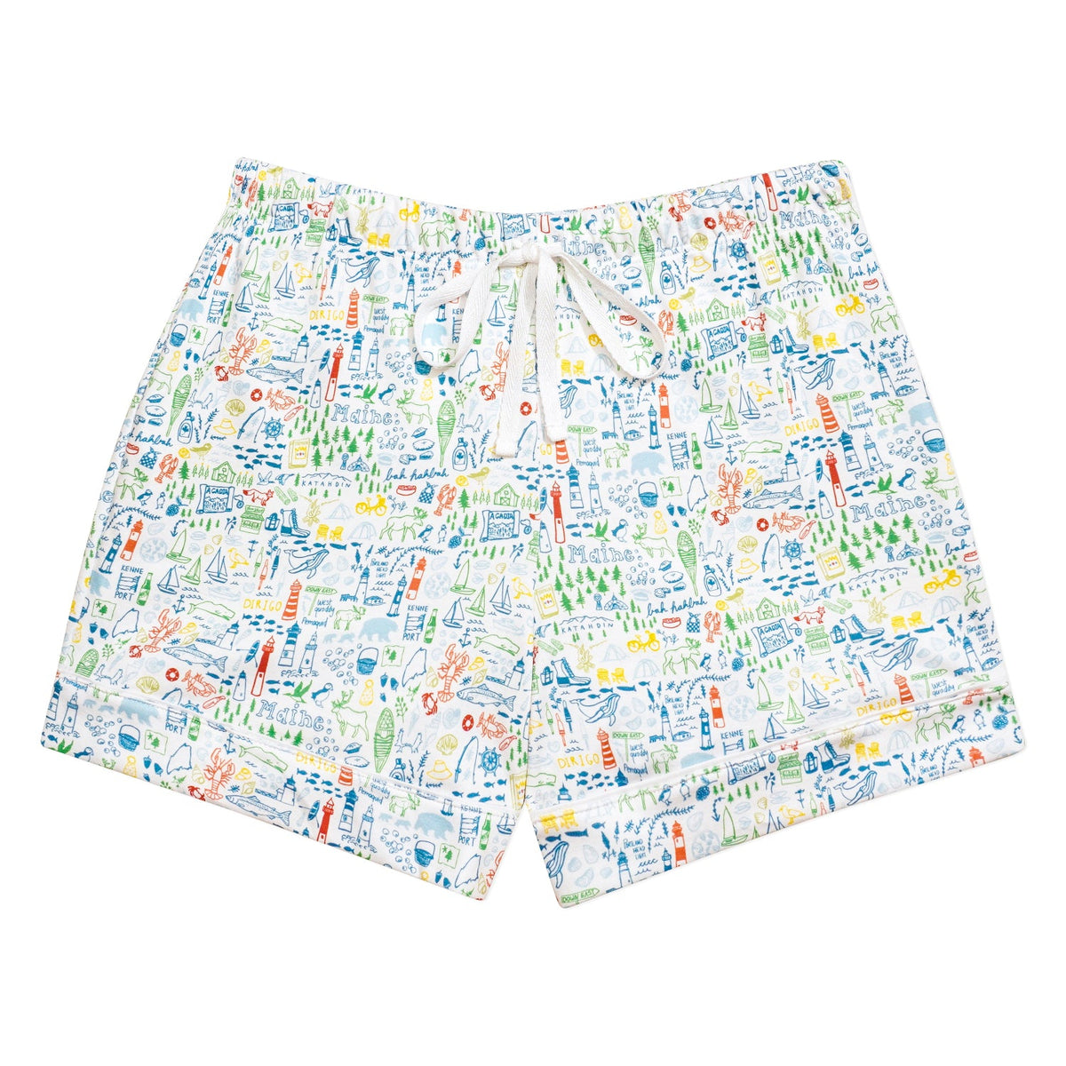 Front view of Maine women’s pajama shorts showcasing hand-drawn Maine print, elastic waistband, and drawcord on white background