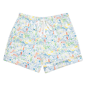 Front view of Maine women’s pajama shorts showcasing hand-drawn Maine print, elastic waistband, and drawcord on white background