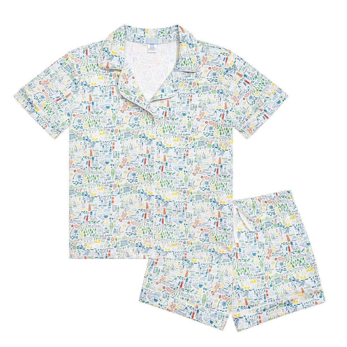 Front view of Maine women’s two-piece short pajama set showcasing hand-drawn Maine print, collared top, and elastic-waist shorts