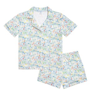 Front view of Maine women’s two-piece short pajama set showcasing hand-drawn Maine print, collared top, and elastic-waist shorts
