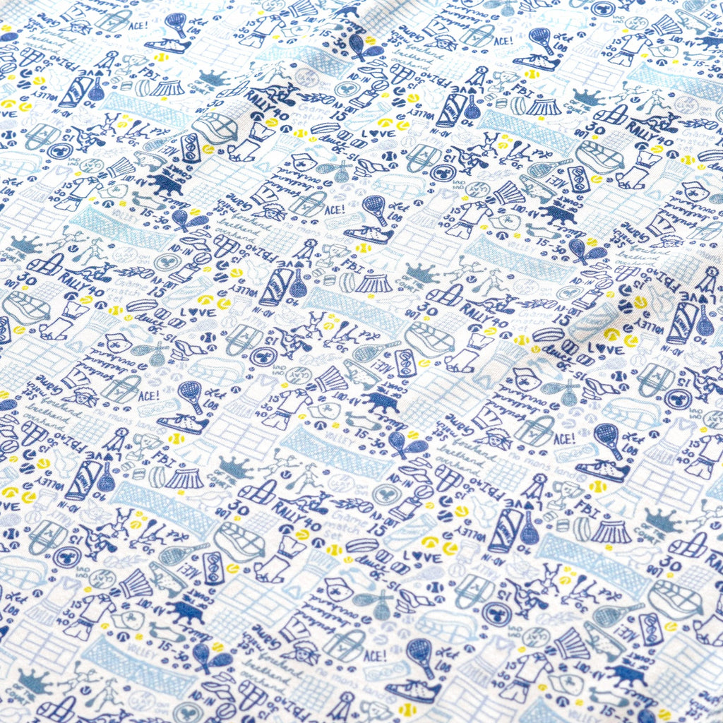 Close-up of Tennis Zip Baby Onesie fabric showcasing a hand-drawn blue and yellow tennis print on a white background