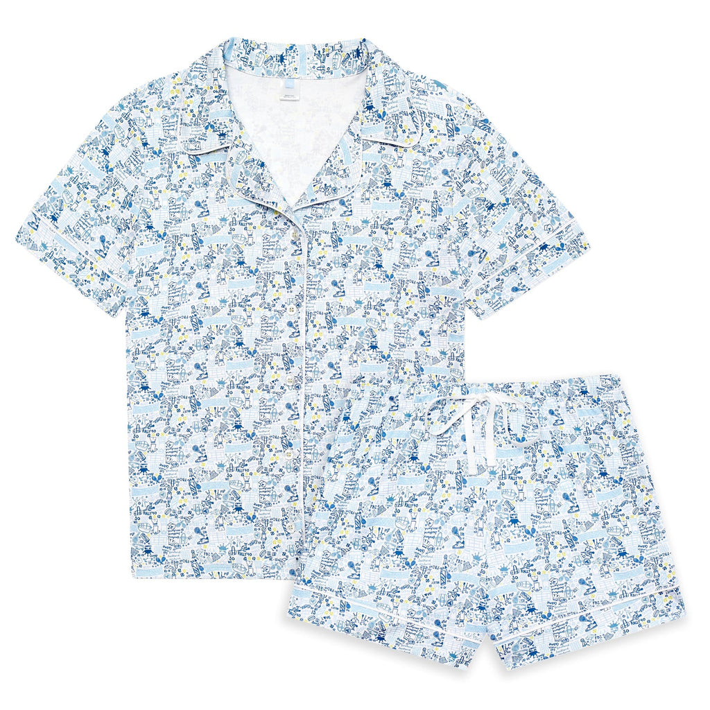 Front view of Tennis Women’s Button Front Short Pajama Set showcasing hand-drawn tennis print and drawstring shorts