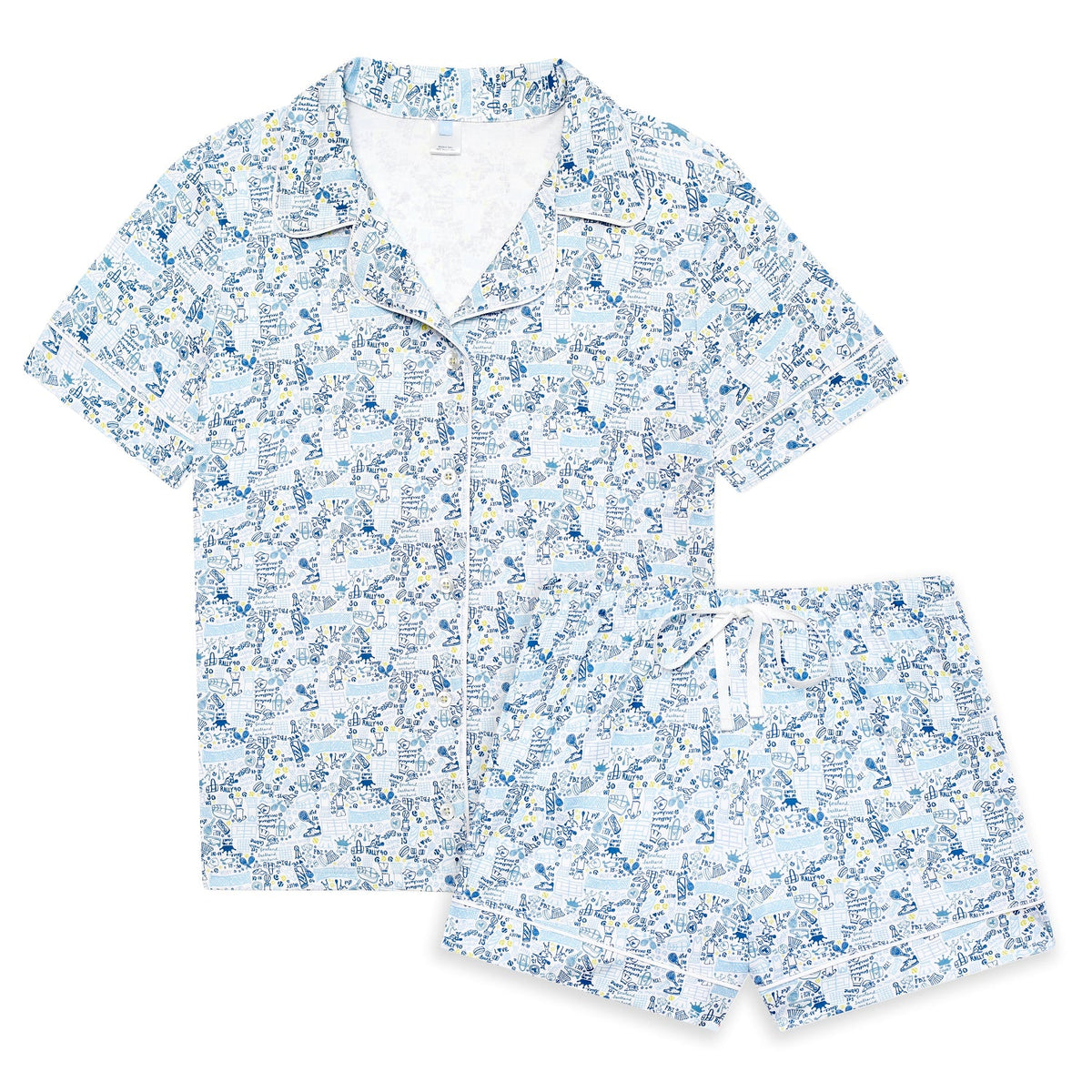 Front view of Tennis Women’s Button Front Short Pajama Set showcasing hand-drawn tennis print and drawstring shorts