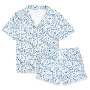 Front view of Tennis Women’s Button Front Short Pajama Set showcasing hand-drawn tennis print and drawstring shorts