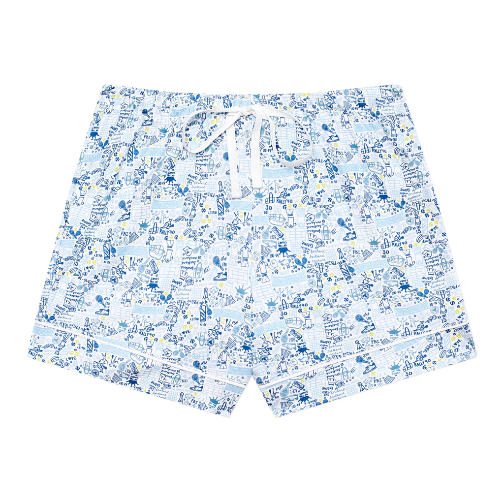 Front view of Tennis women’s pajama shorts showcasing the hand-drawn tennis print and drawcord waistband on white