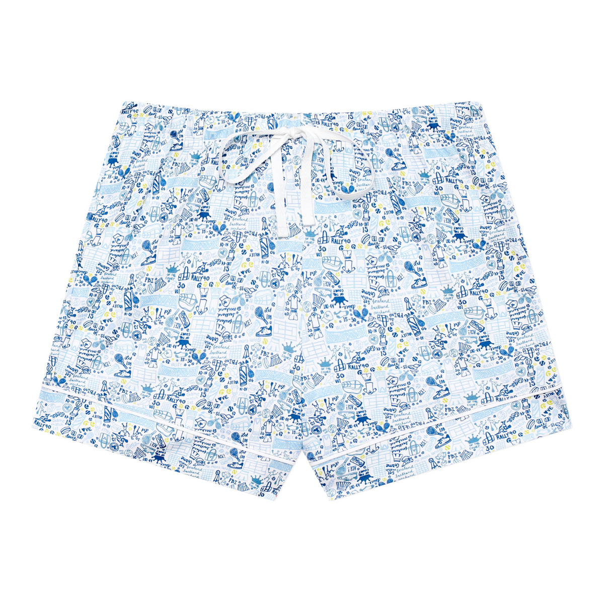Front view of Tennis women’s pajama shorts showcasing the hand-drawn tennis print and drawcord waistband on white