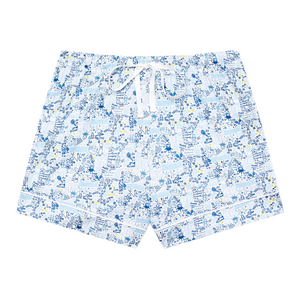 Front view of Tennis women’s pajama shorts showcasing the hand-drawn tennis print and drawcord waistband on white