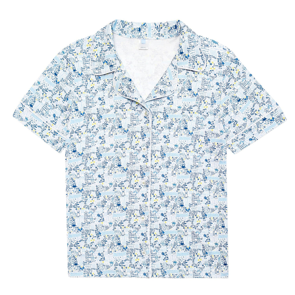 Front view of Tennis womens button-front pajama top with collared neckline and hand-drawn tennis print on white background