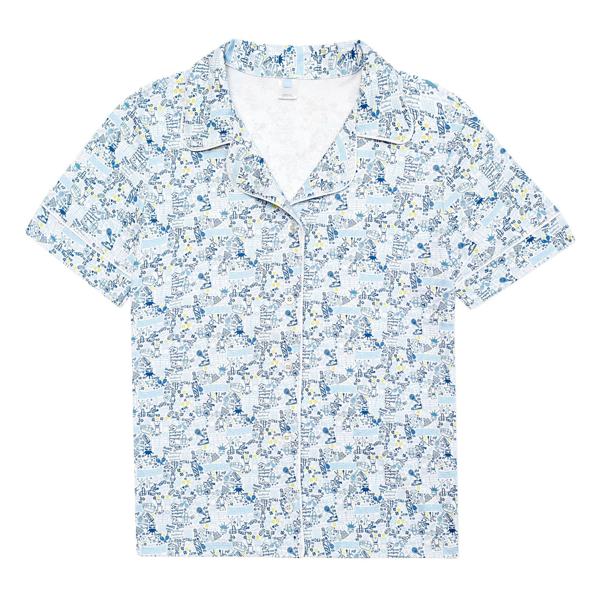 Front view of Tennis womens button-front pajama top with collared neckline and hand-drawn tennis print on white background