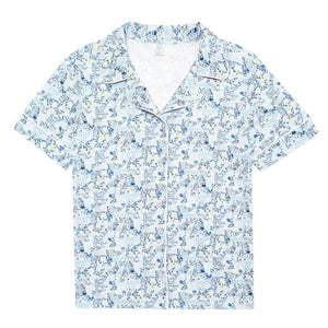 Front view of Tennis womens button-front pajama top with collared neckline and hand-drawn tennis print on white background