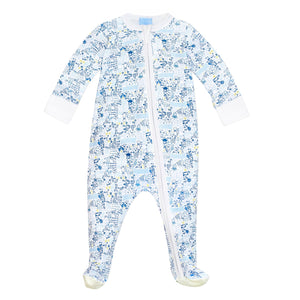 Front view of Tennis Zip Baby Onesie showcasing blue hand-drawn tennis print and zip closure on a white background