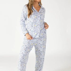 Front view of Maine Women’s Button Front Long Pajama Set showcasing hand-drawn Maine print on model against white background
