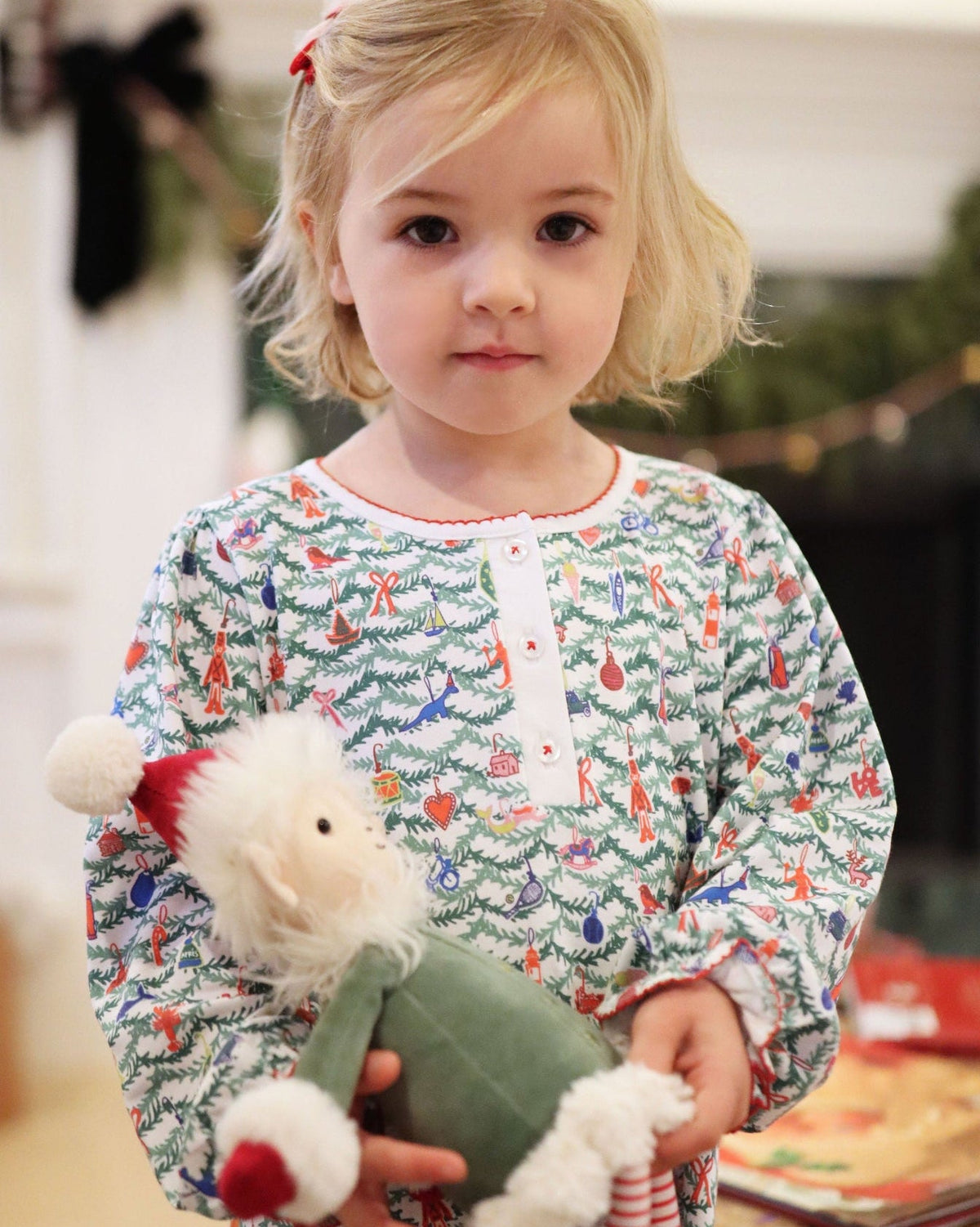 Front view of Oh Christmas Tree Girls Tess Lounge Dress in a relaxed fit with a white hand-drawn evergreen and ornament print
