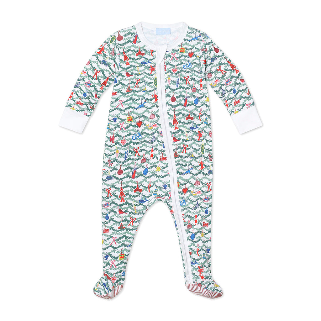 Front view of Oh Christmas Tree Zip Baby Onesie showcasing evergreen ornament print with green stripe trim on white background