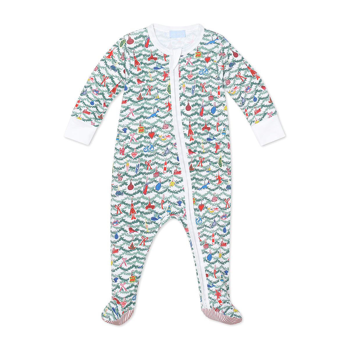 Front view of Oh Christmas Tree Zip Baby Onesie showcasing evergreen ornament print with green stripe trim on white background
