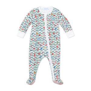 Front view of Oh Christmas Tree Zip Baby Onesie showcasing evergreen ornament print with green stripe trim on white background