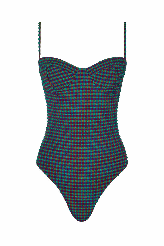 The Bowie One Piece in Eggplant Plaid