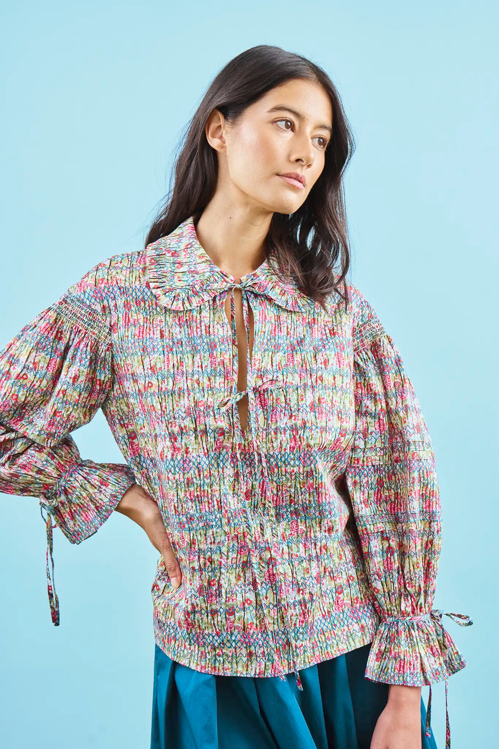 Ruffle collar top with ties at neckline and sleeves in liberty fabric print 