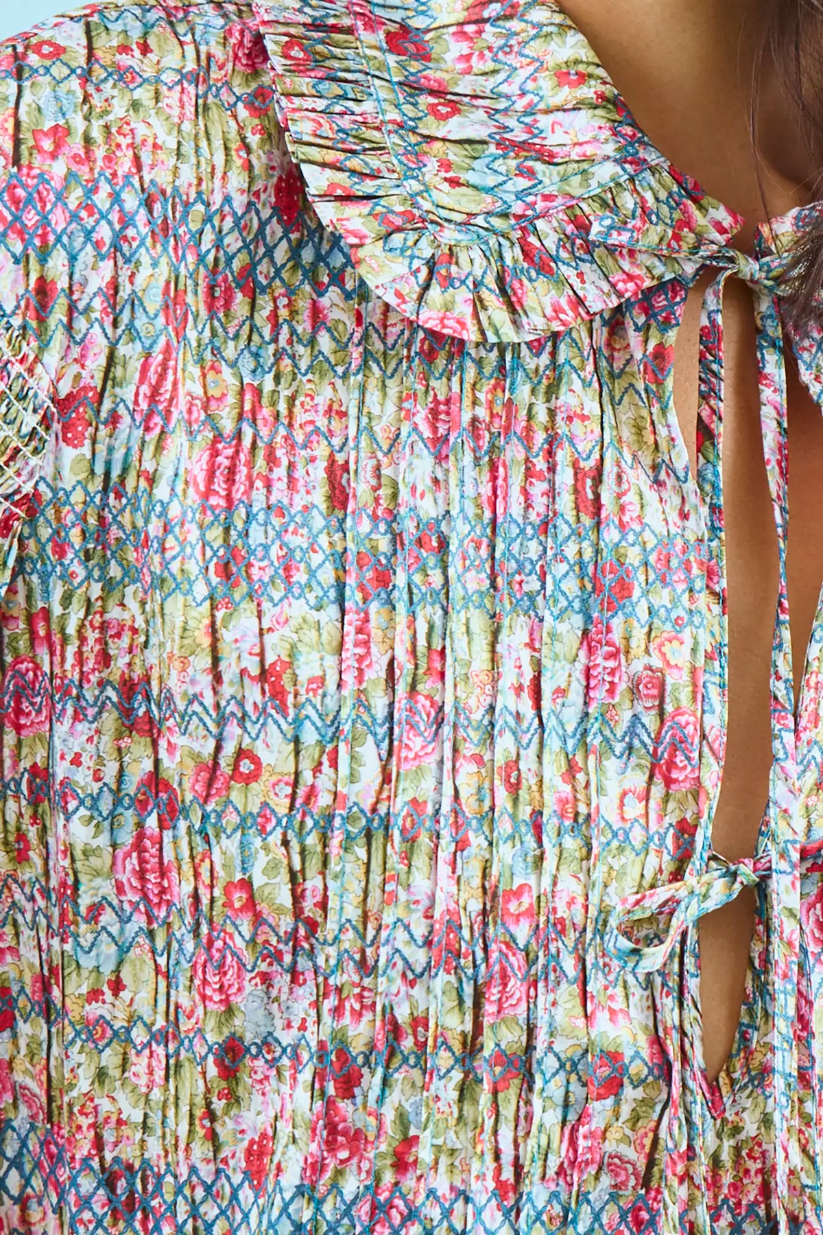 Ruffle collar top with ties at neckline and sleeves in liberty fabric print 