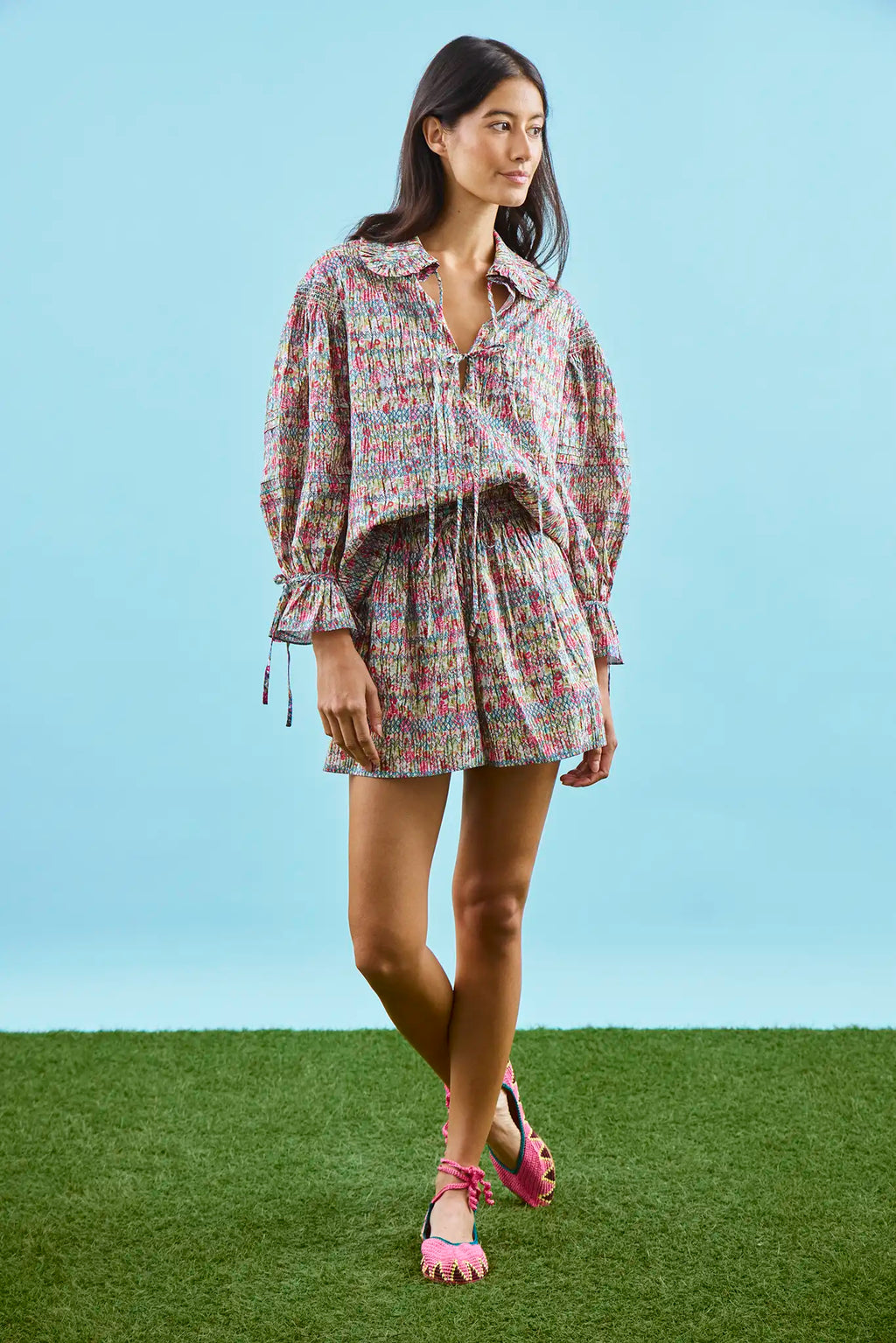 Ruffle collar top with ties at neckline and sleeves in liberty fabric print 