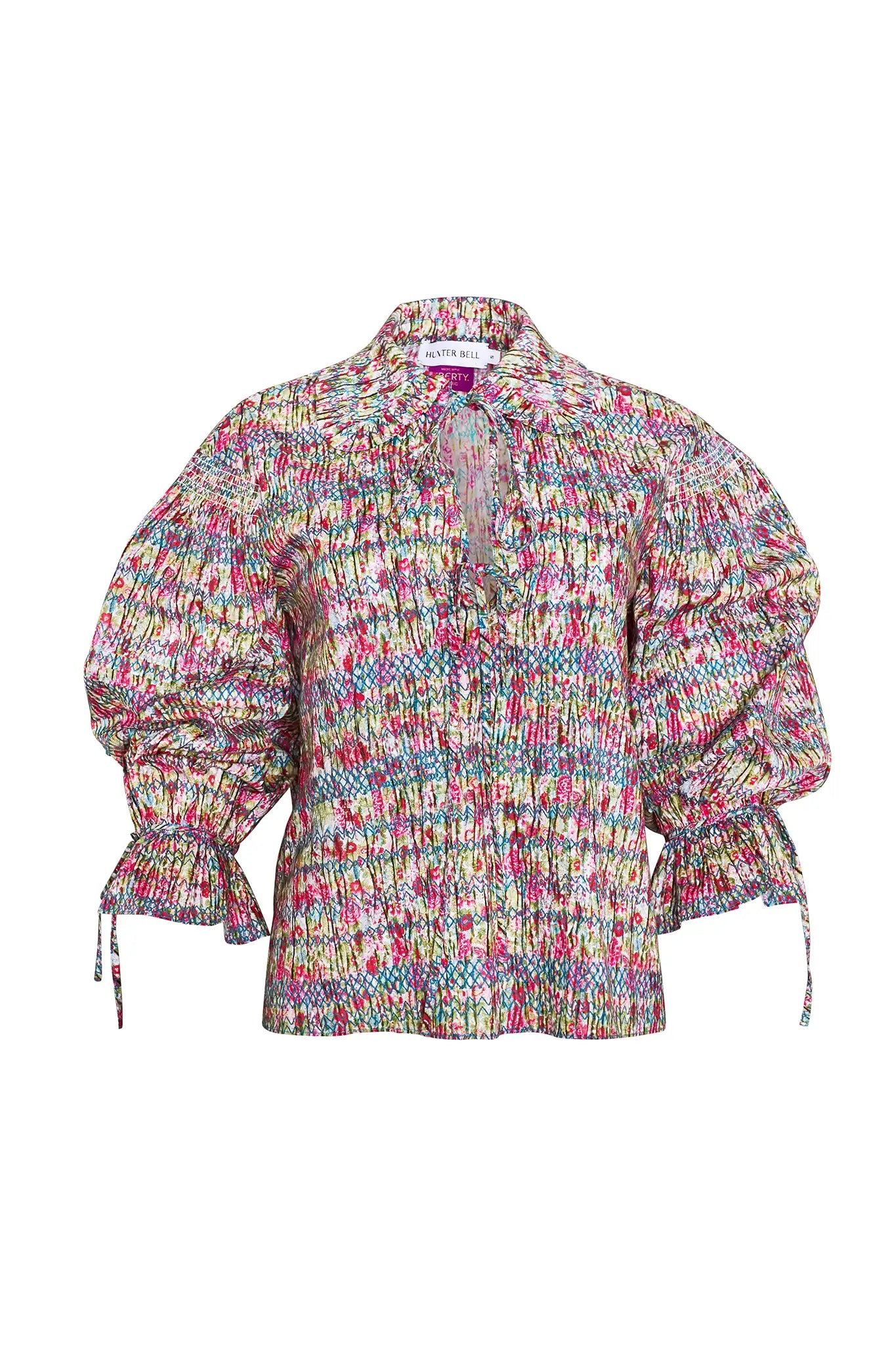 Ruffle collar top with ties at neckline and sleeves in liberty fabric print 
