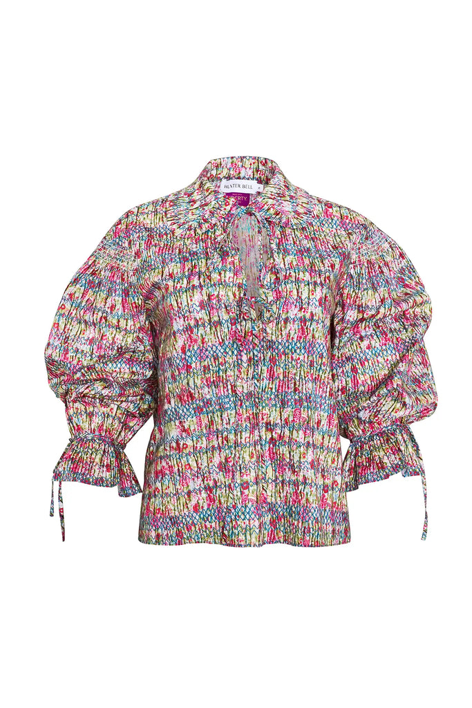 Ruffle collar top with ties at neckline and sleeves in liberty fabric print 