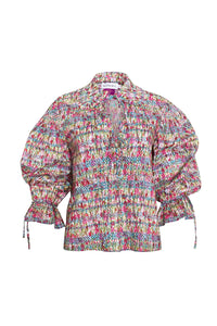 Ruffle collar top with ties at neckline and sleeves in liberty fabric print 