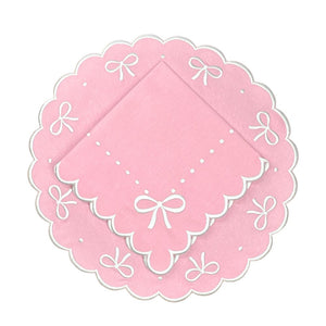 Juliet pink bow placemat and matching napkin, white embroidery , pink placemat, bow details. 