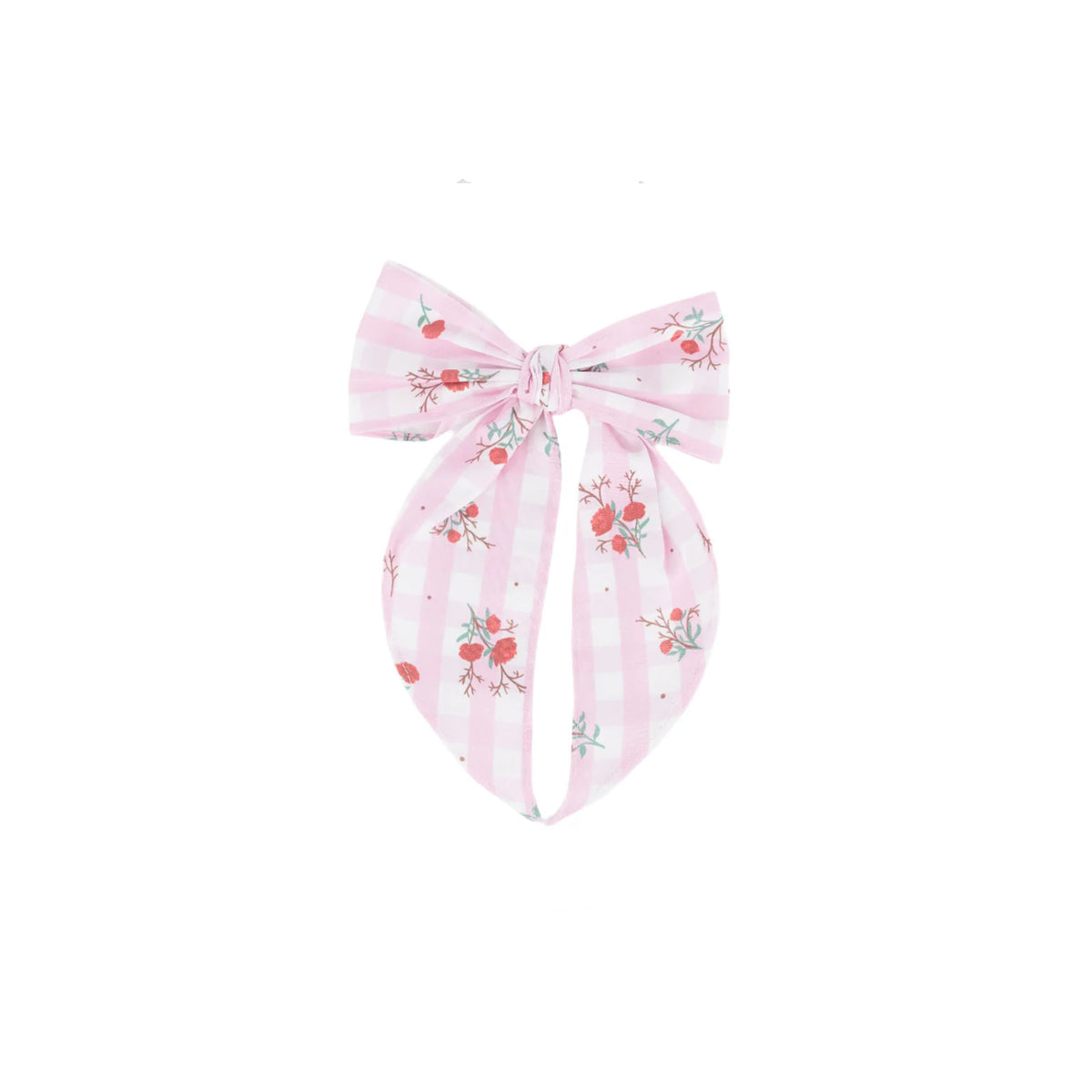 Front view of Juliet Bow showcasing pink plaid fabric with floral pattern on a white background