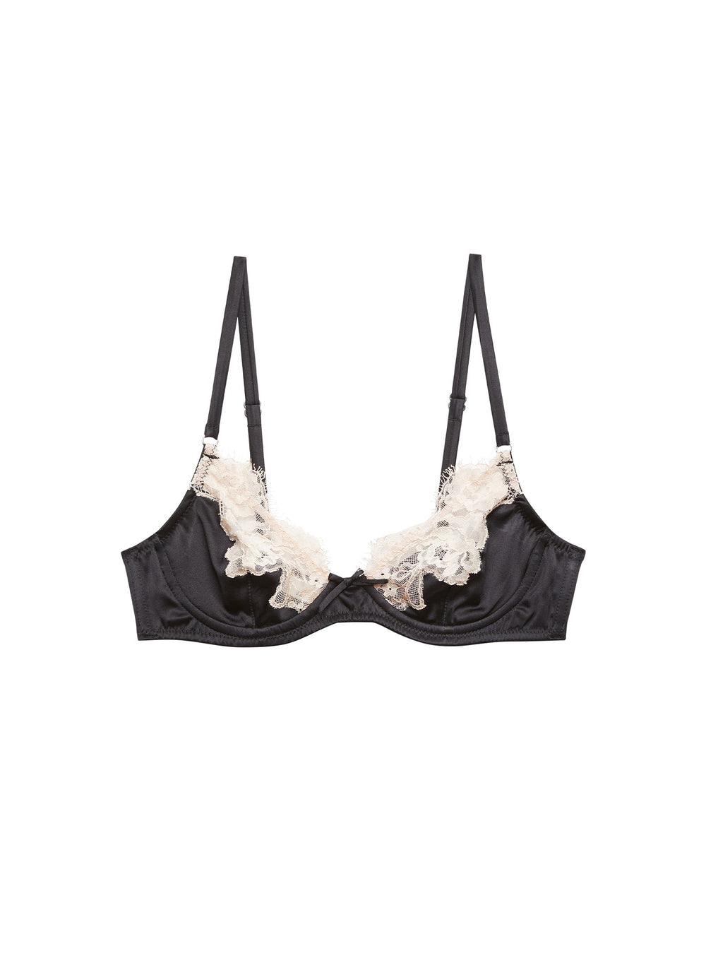 Flat lay of Juliet Lace Demi Bra in black showing underwire cups, cream scalloped lace trim, bow on white