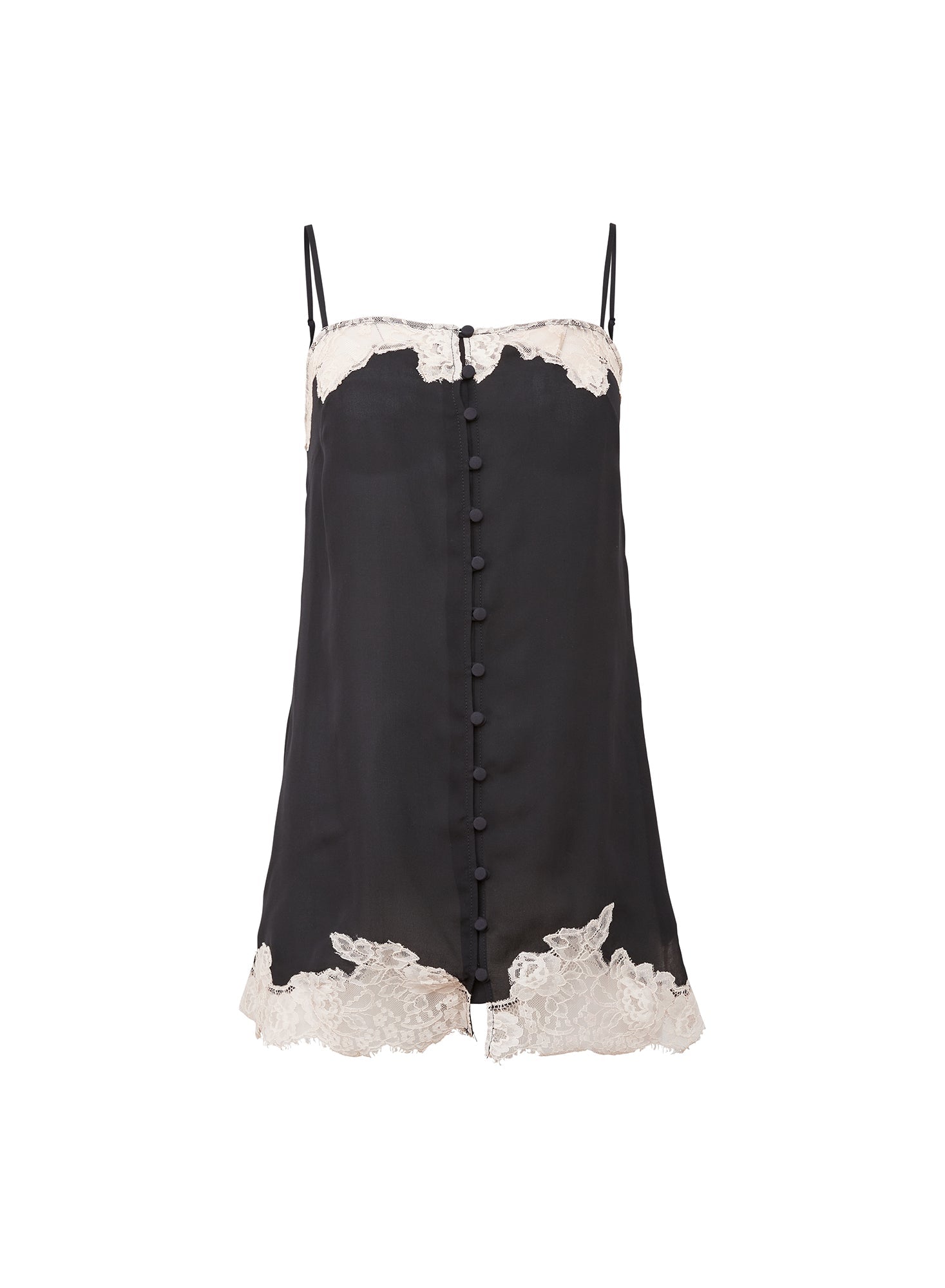 Black slip dress with white lace trim
