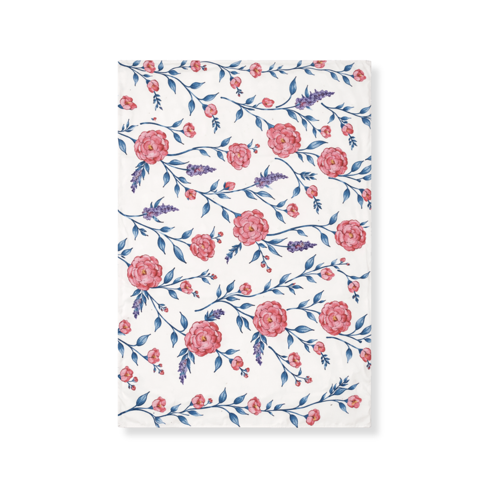 Front view of Juliet tablecloth showcasing pink and blue floral print on cream linen with a white background