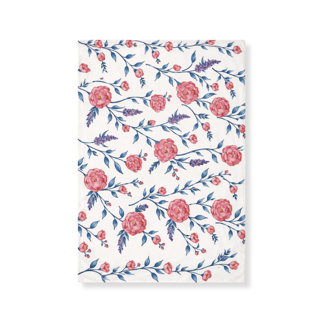 Front view of Juliet tablecloth showcasing pink and blue floral print on cream linen with a white background