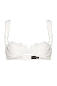 Balconette bra sheer lace scalloped edge thick straps flat lay